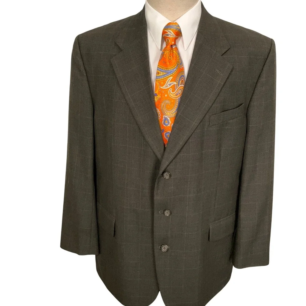 Stafford Blazer Jacket Mens 44R Olive Green Plaid 3-Button Traditional Classic